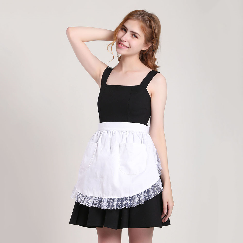 Womens Waist Apron Lace Cotton Kitchen Half Apron With Two Pockets Maid Costume Ebay 